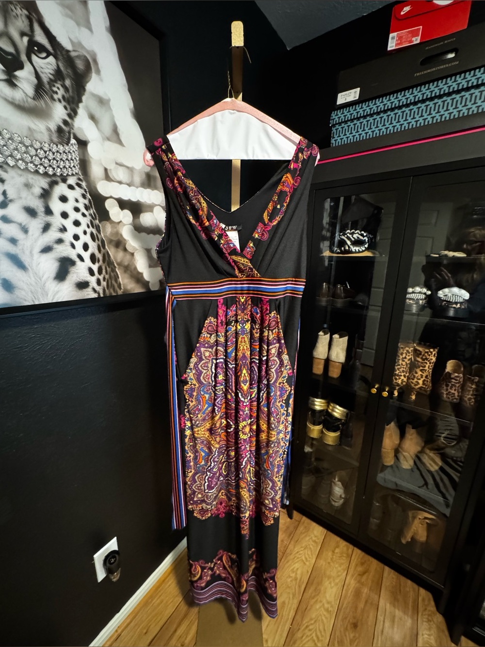 Boho V-Neck Maxi Dress in Black with Multicolor Paisley